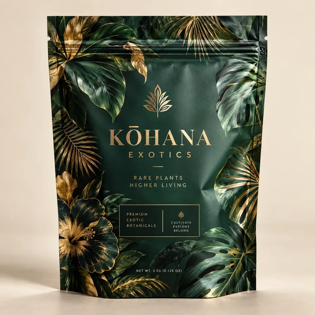Kohana Exotics luxury green gold mylar bag packaging with tropical botanical leaves rare plants premium exotic botanicals branding