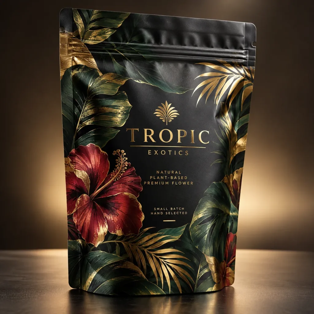 Luxury black matte mylar bag packaging design with gold tropical leaves, red hibiscus flower, Tropic Exotics premium flower branding