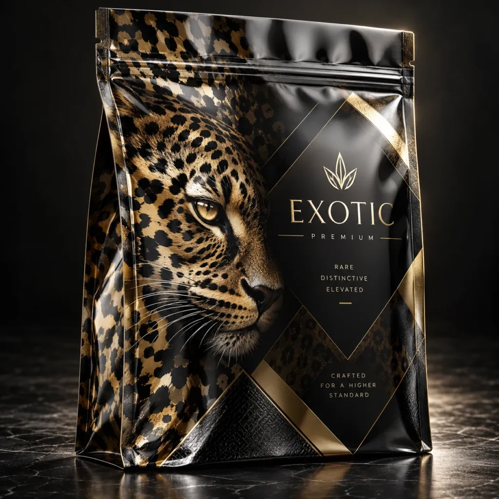 Luxury black gold mylar bag packaging with leopard print and premium Exotic brand label, crafted for high-end product design