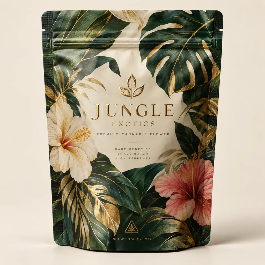Jungle Exotics premium cannabis flower mylar bag with tropical floral design, gold foliage, 3.5g luxury packaging
