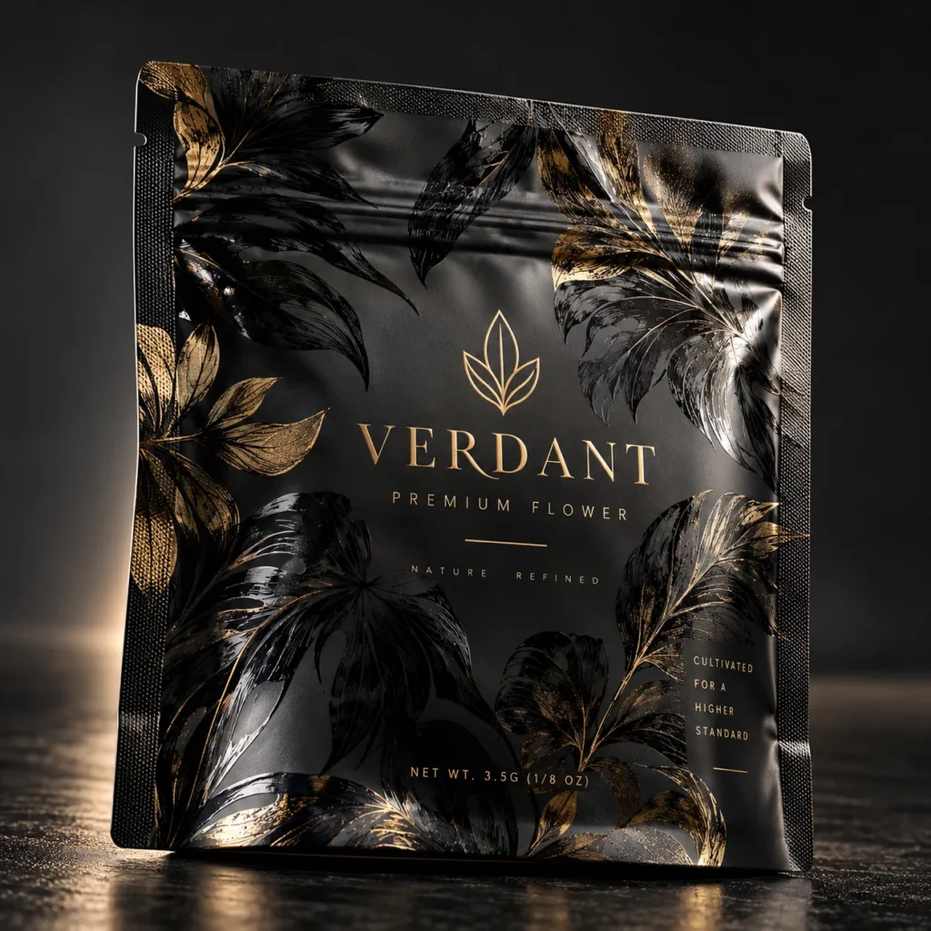 Verdant Premium Flower luxury cannabis packaging, matte black mylar bag with gold botanical print, 3.5g eighth, elegant branding