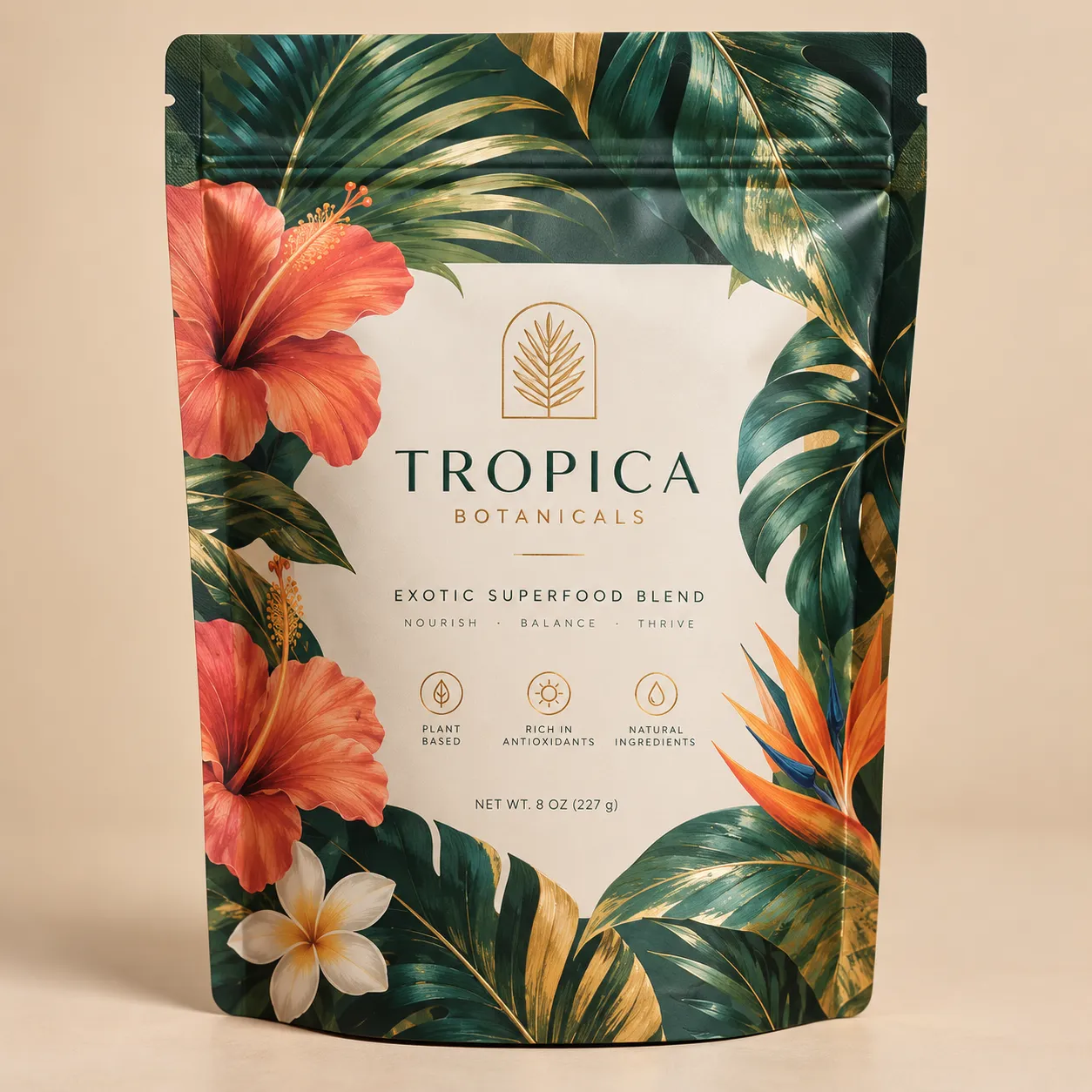 Tropica Botanicals exotic superfood blend packaging, lush tropical green leaves, coral hibiscus flowers, gold accents, 8oz resealable pouch