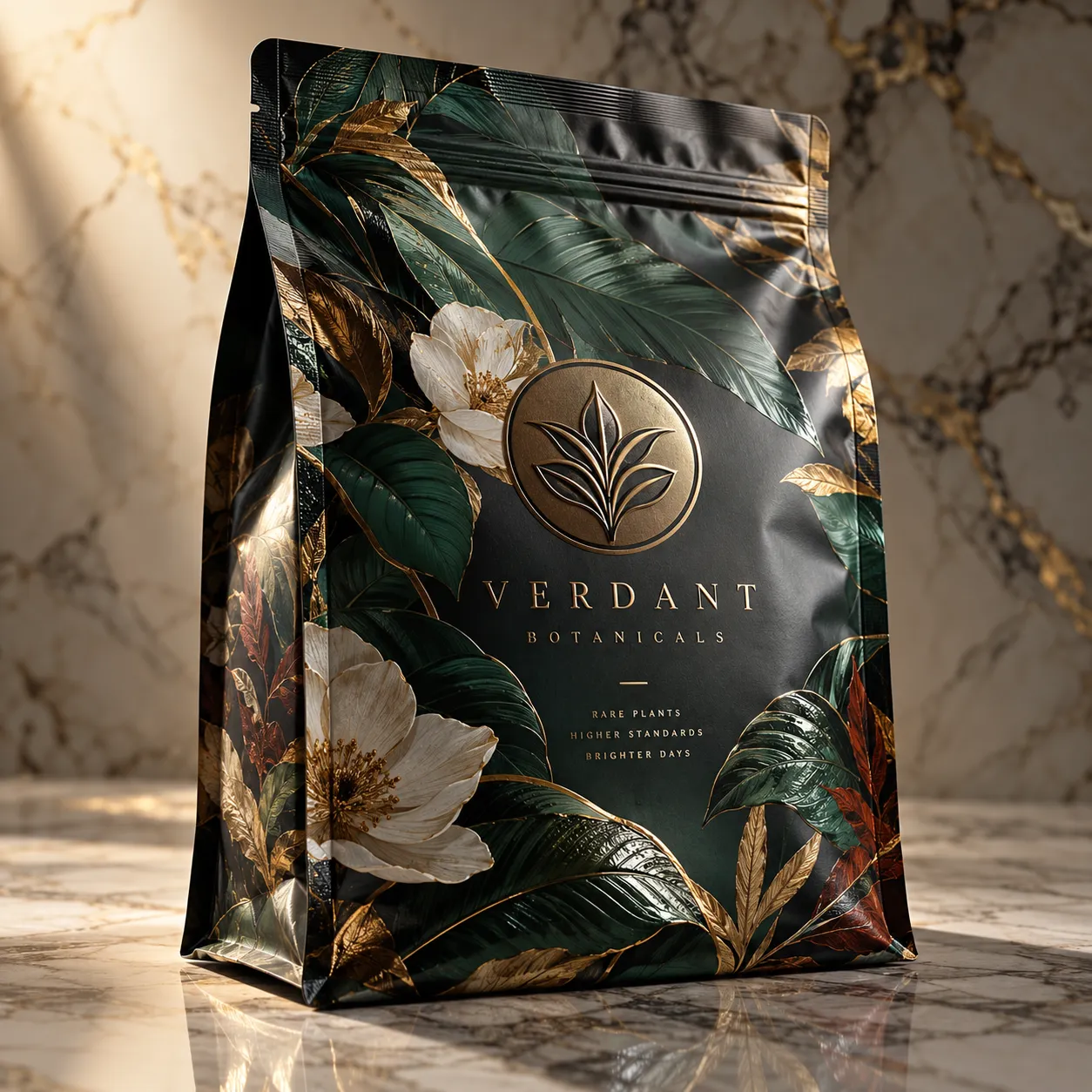 Luxury black botanical packaging bag with gold leaf design, white flowers, and Verdant Botanicals branding on marble surface