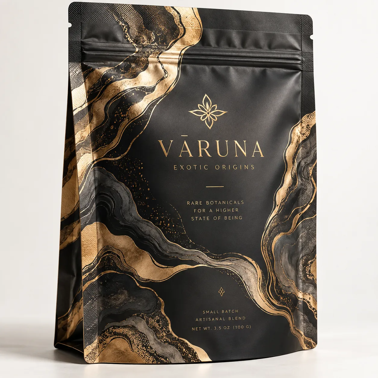Varuna Exotic Origins luxury black matte pouch with gold marble swirls, premium botanical blend packaging, 100g resealable bag