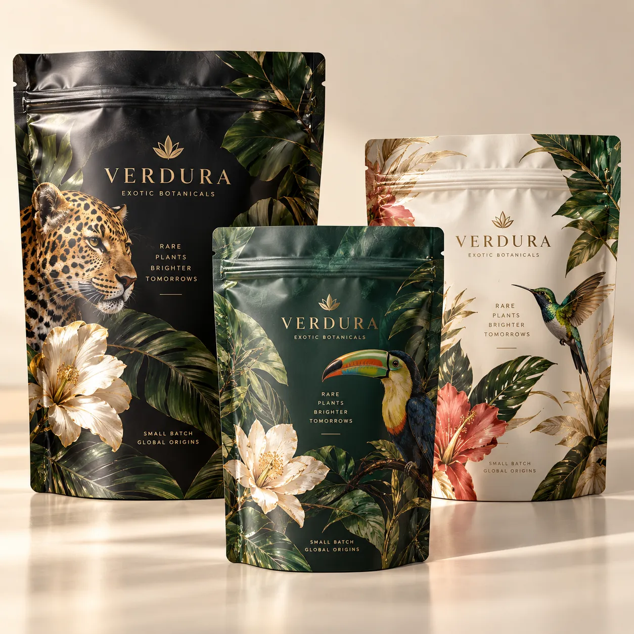 Three Verdura Exotic Botanicals luxury pouches featuring jaguar, toucan, hummingbird on black, green, white botanical packaging