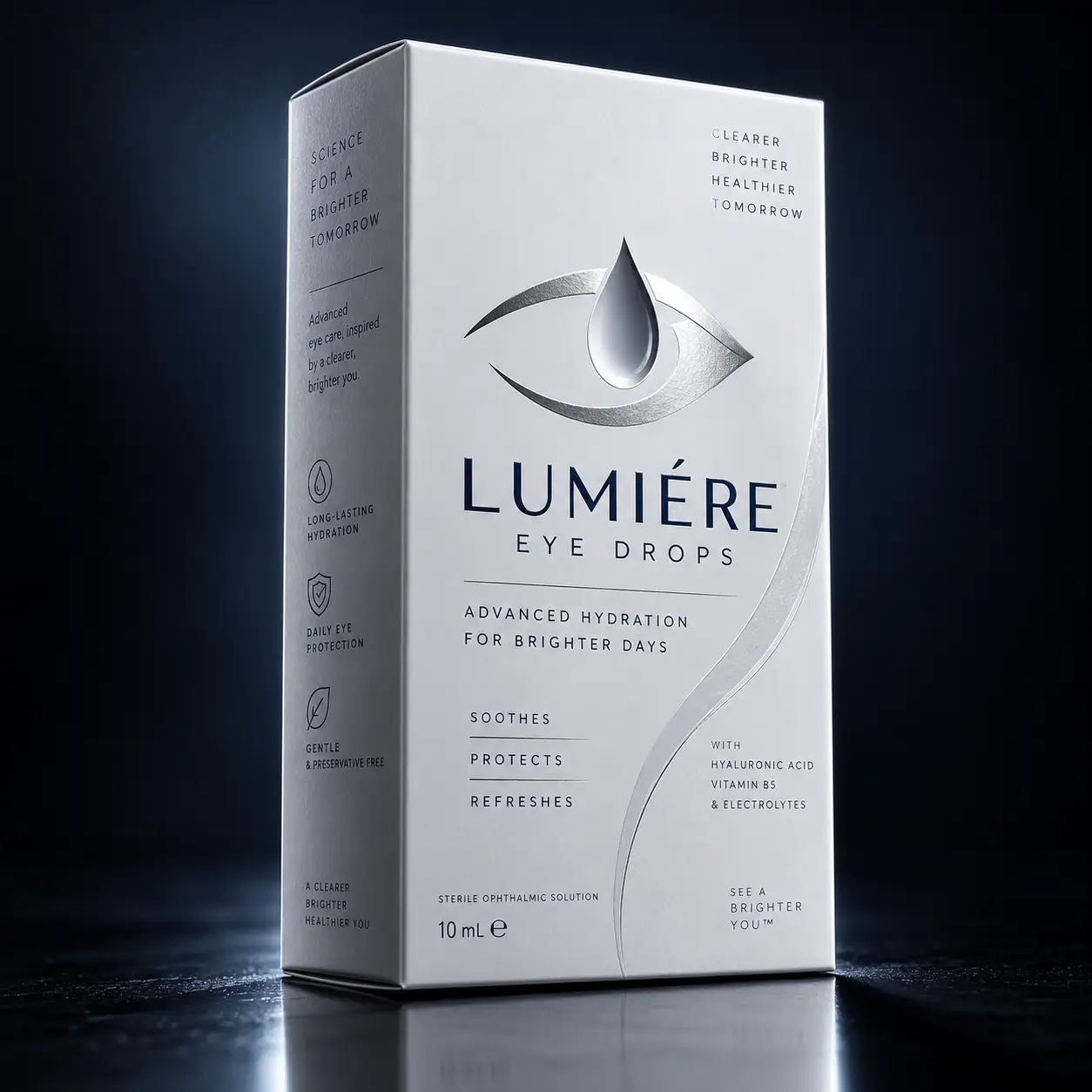Lumière Eye Drops 10mL white luxury packaging box with silver eye drop logo on dark dramatic background