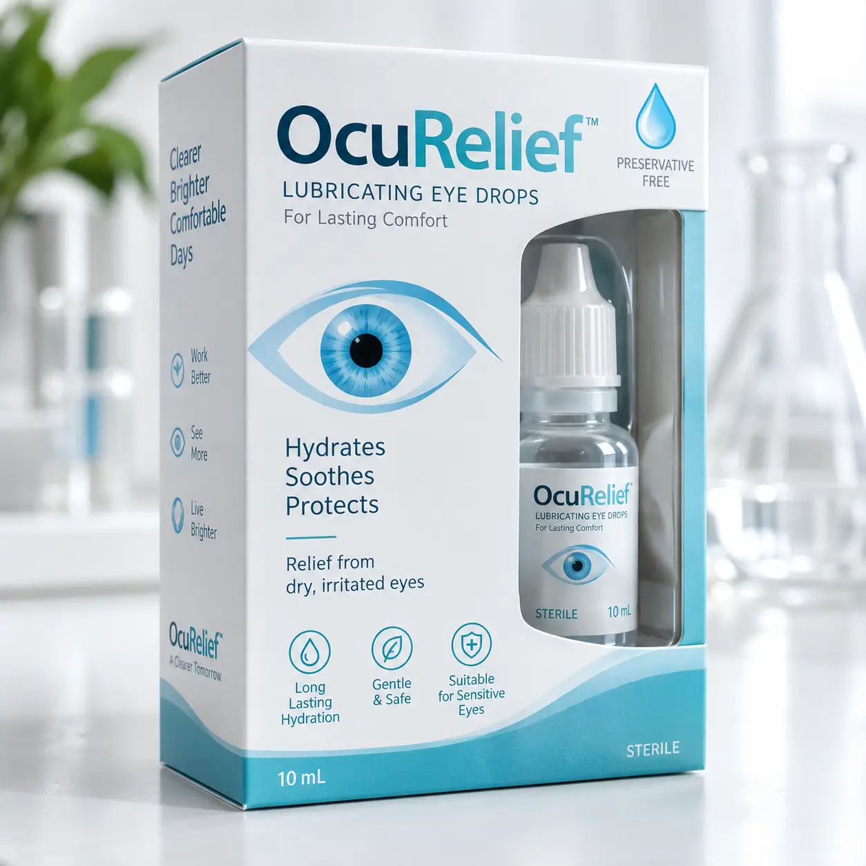 OcuRelief lubricating eye drops 10mL white teal box with bottle, preservative-free, sterile, dry eye relief product packaging design