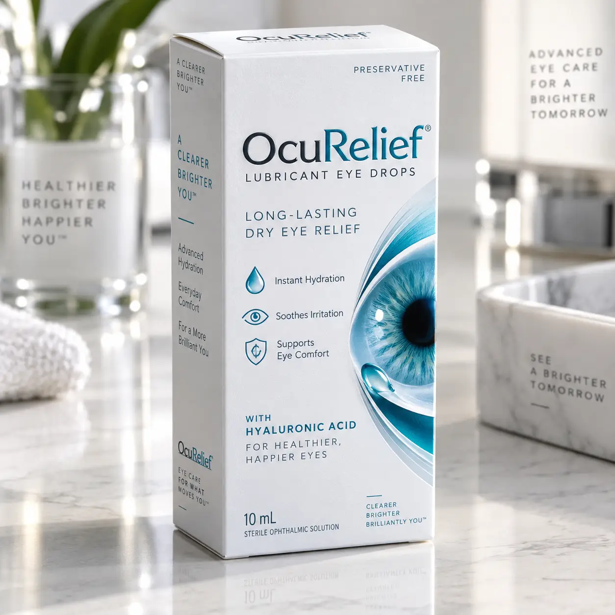 OcuRelief lubricant eye drops 10mL white box with hyaluronic acid formula displayed on marble surface, teal eye graphic, preservative-free packagin...