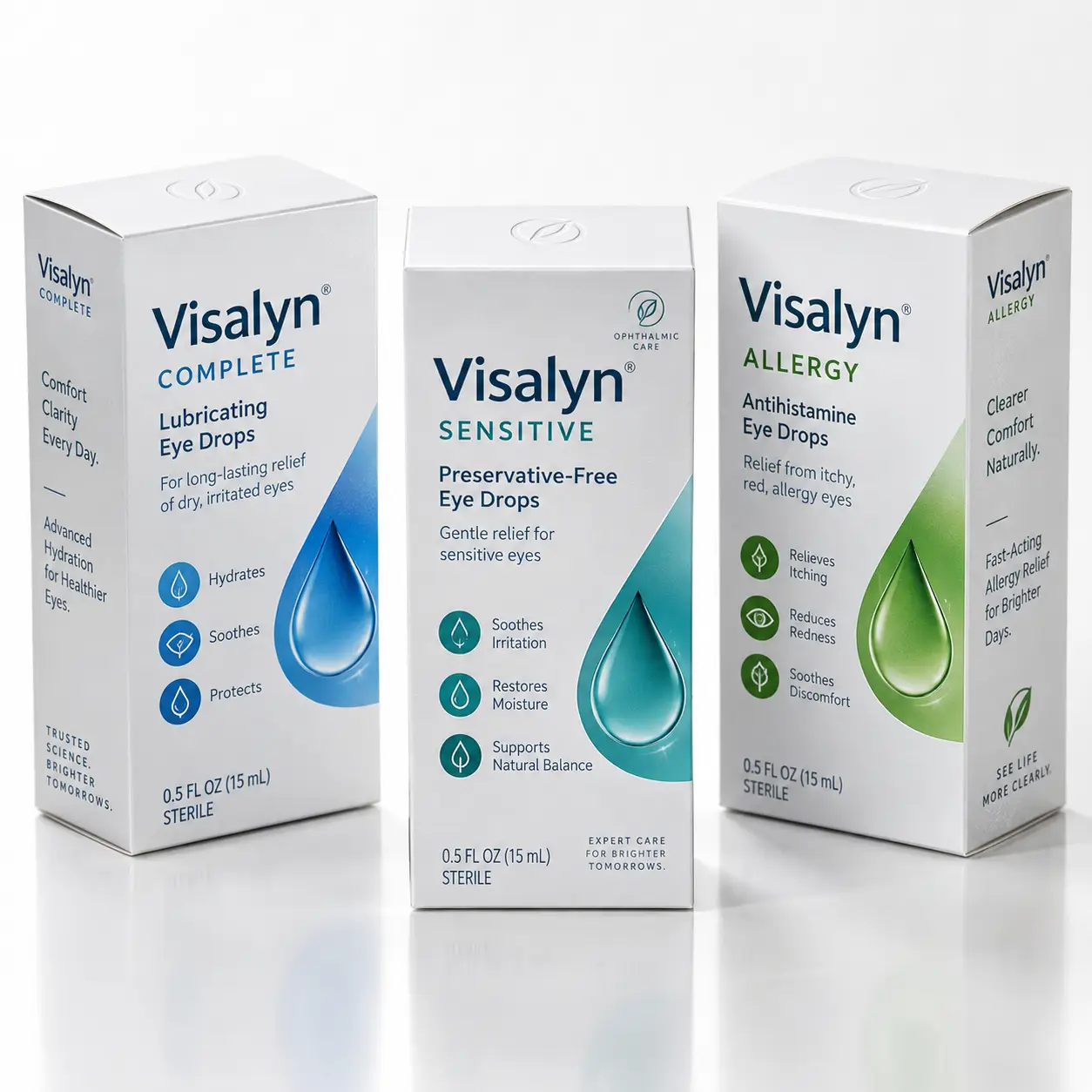 Three Visalyn eye drop boxes: Complete blue, Sensitive teal, Allergy green, 15mL sterile pharmaceutical packaging design