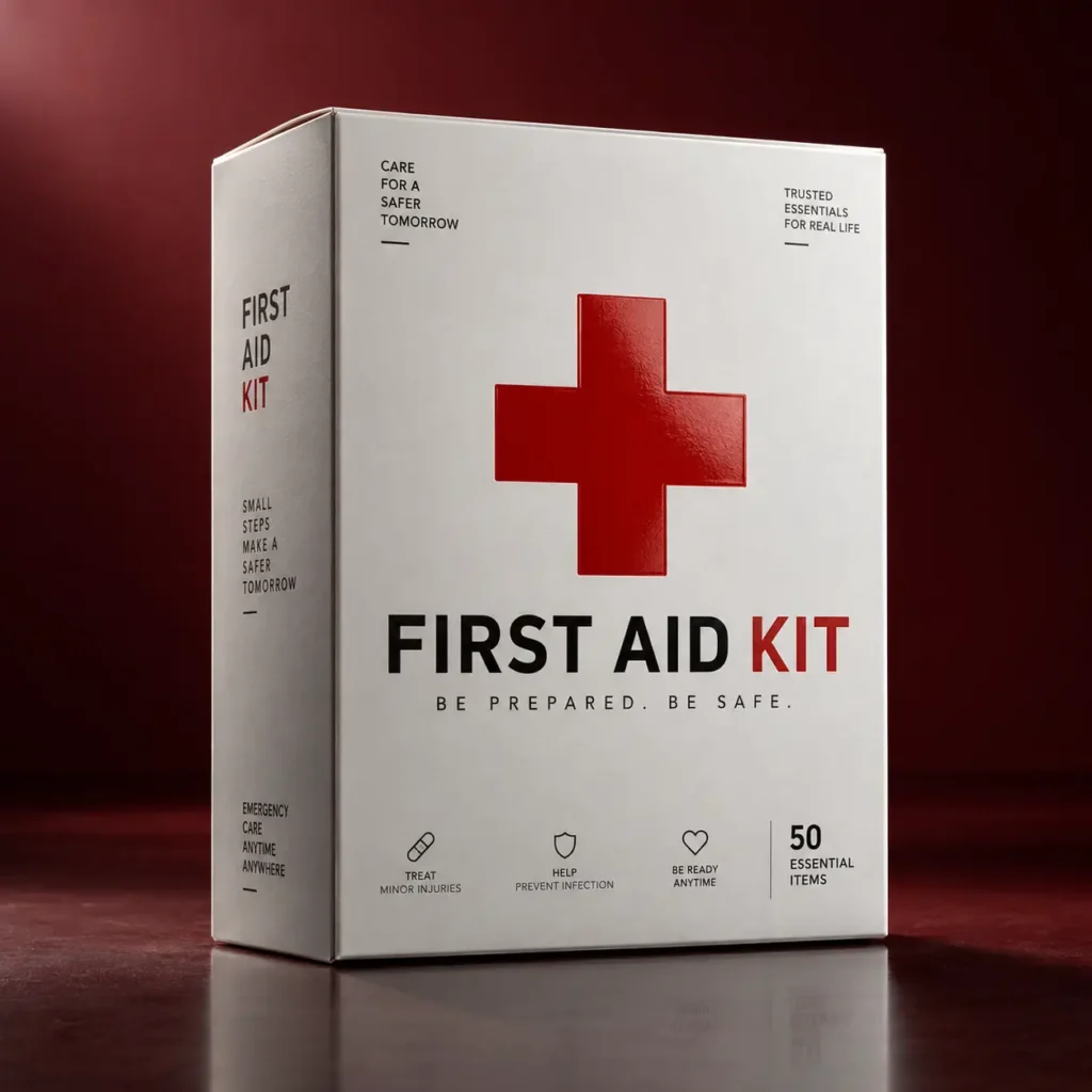 White first aid kit box with bold red cross symbol, 50 essential items, clean medical packaging design on dark red background