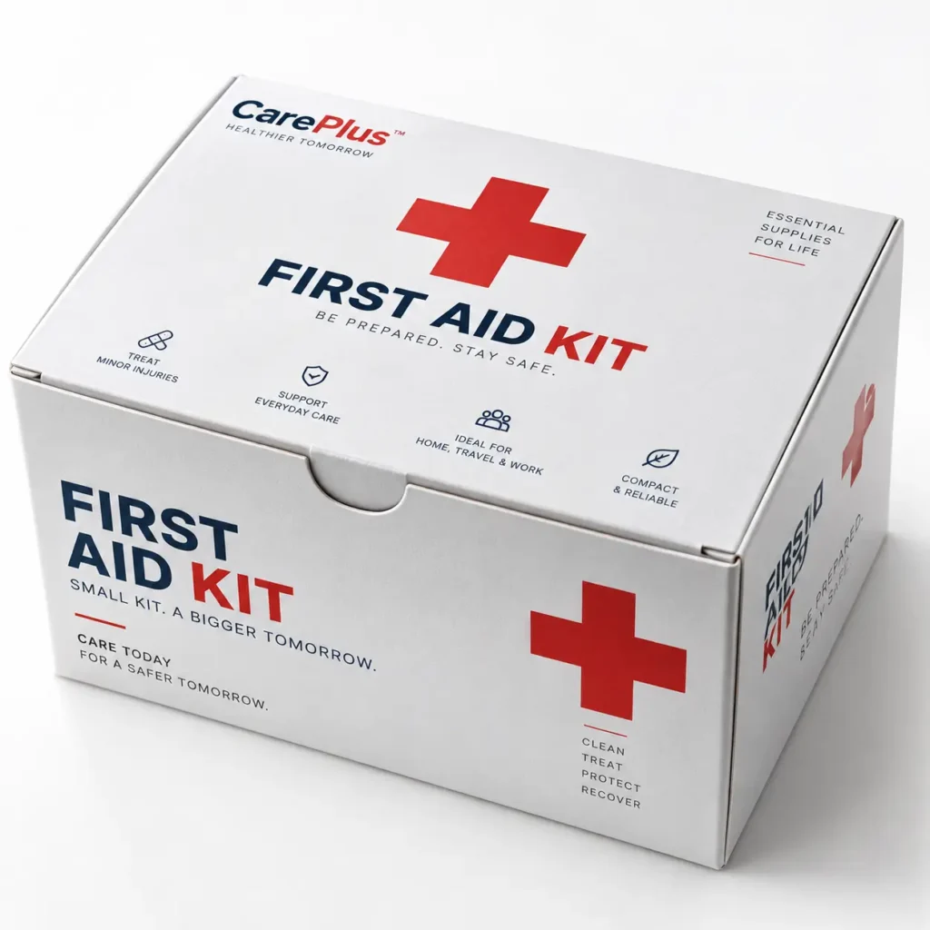 White CarePlus First Aid Kit box with red cross symbol, compact medical supply packaging design for home and travel use