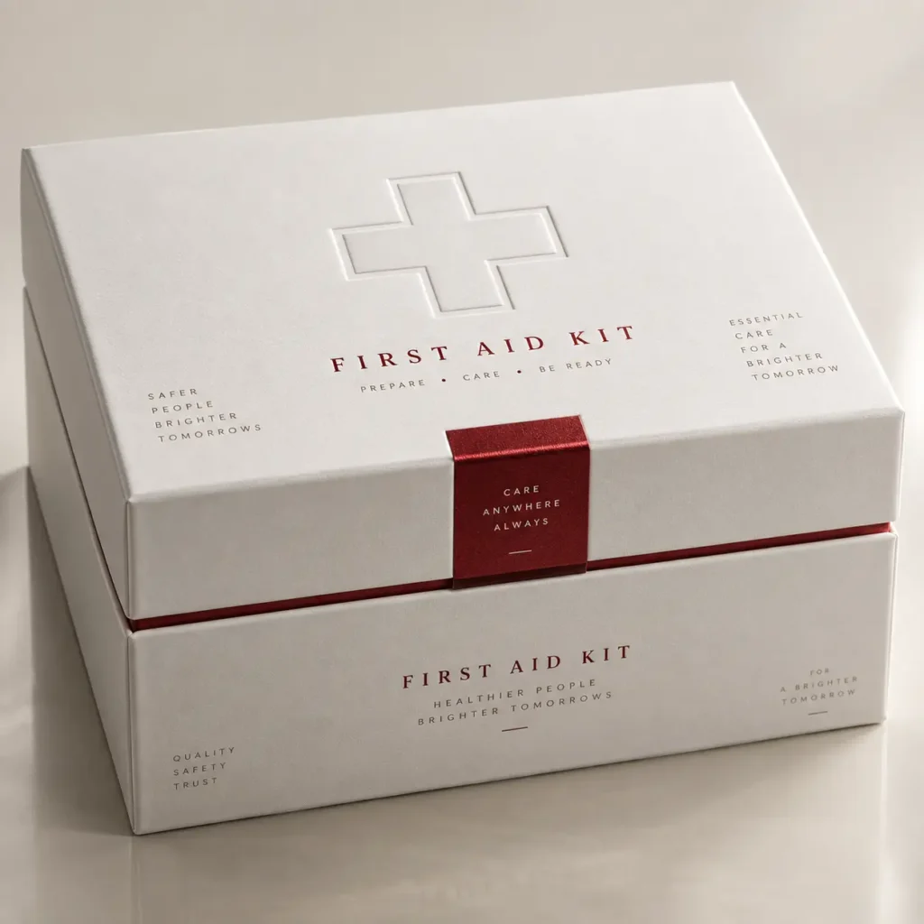 White luxury first aid kit packaging boxes with embossed cross, red ribbon closure, and elegant gold branding text stacked display