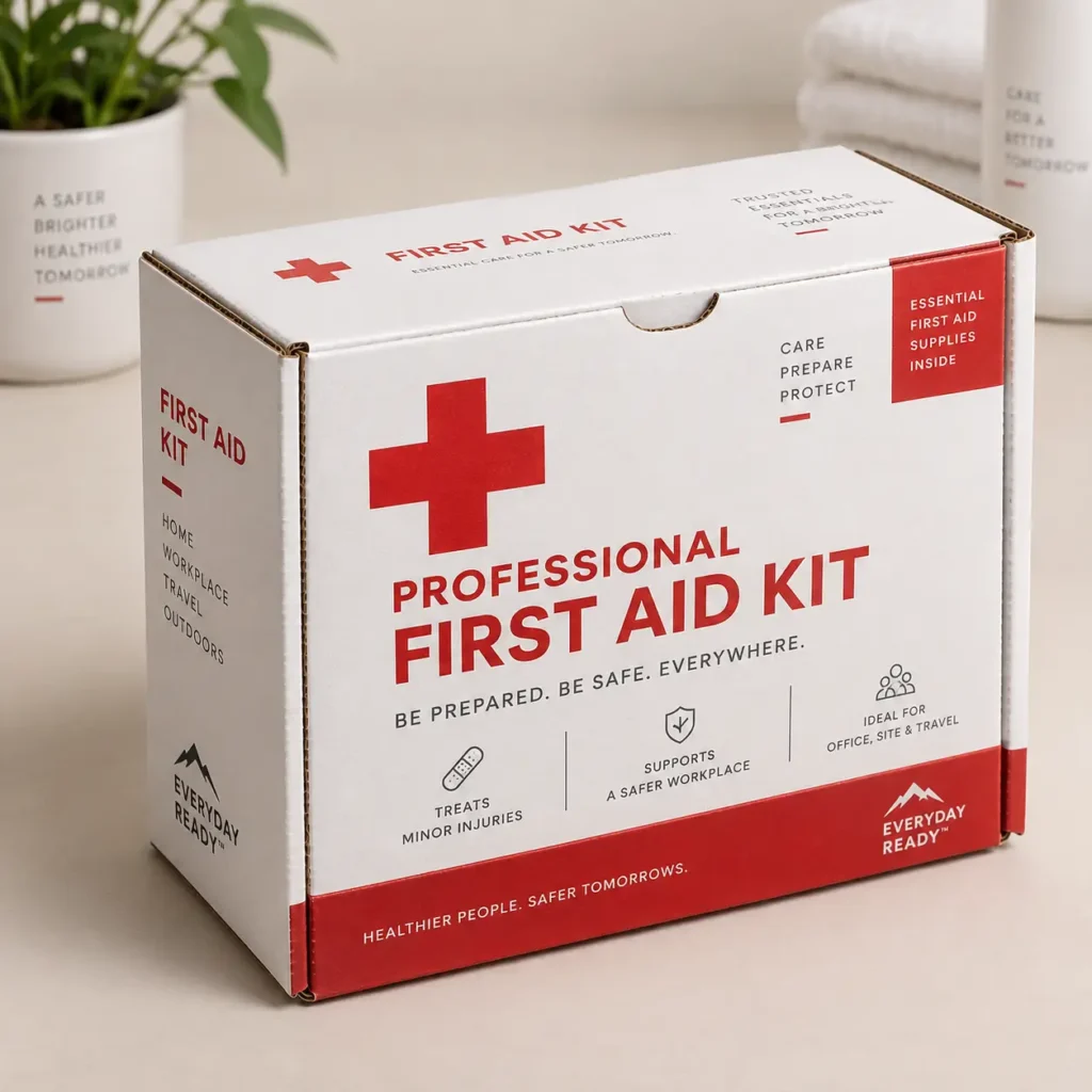White Professional First Aid Kit box with red cross logo by Everyday Ready, ideal for home, workplace, and travel safety