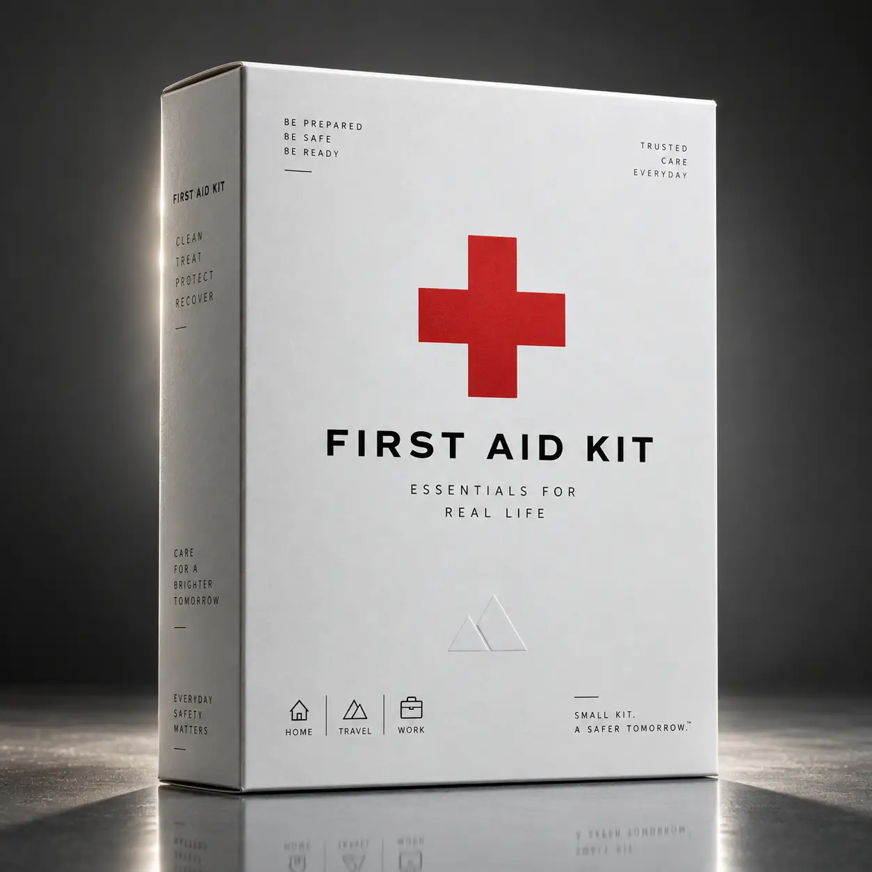 White minimalist first aid kit box with red cross symbol, clean medical packaging design for home, travel and work use