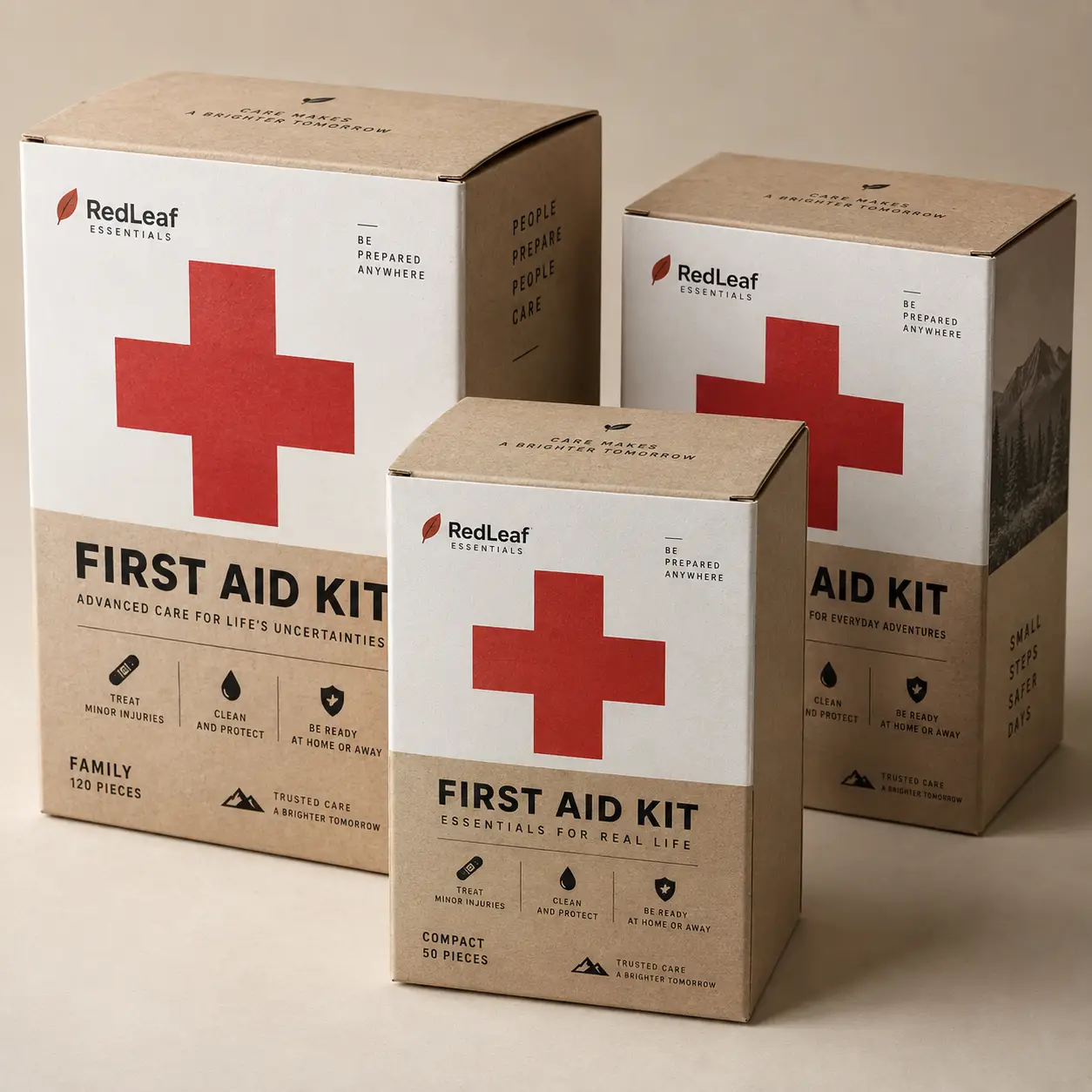 Three RedLeaf Essentials first aid kit boxes in kraft white packaging with red cross symbols, family 120-piece and compact 50-piece sets