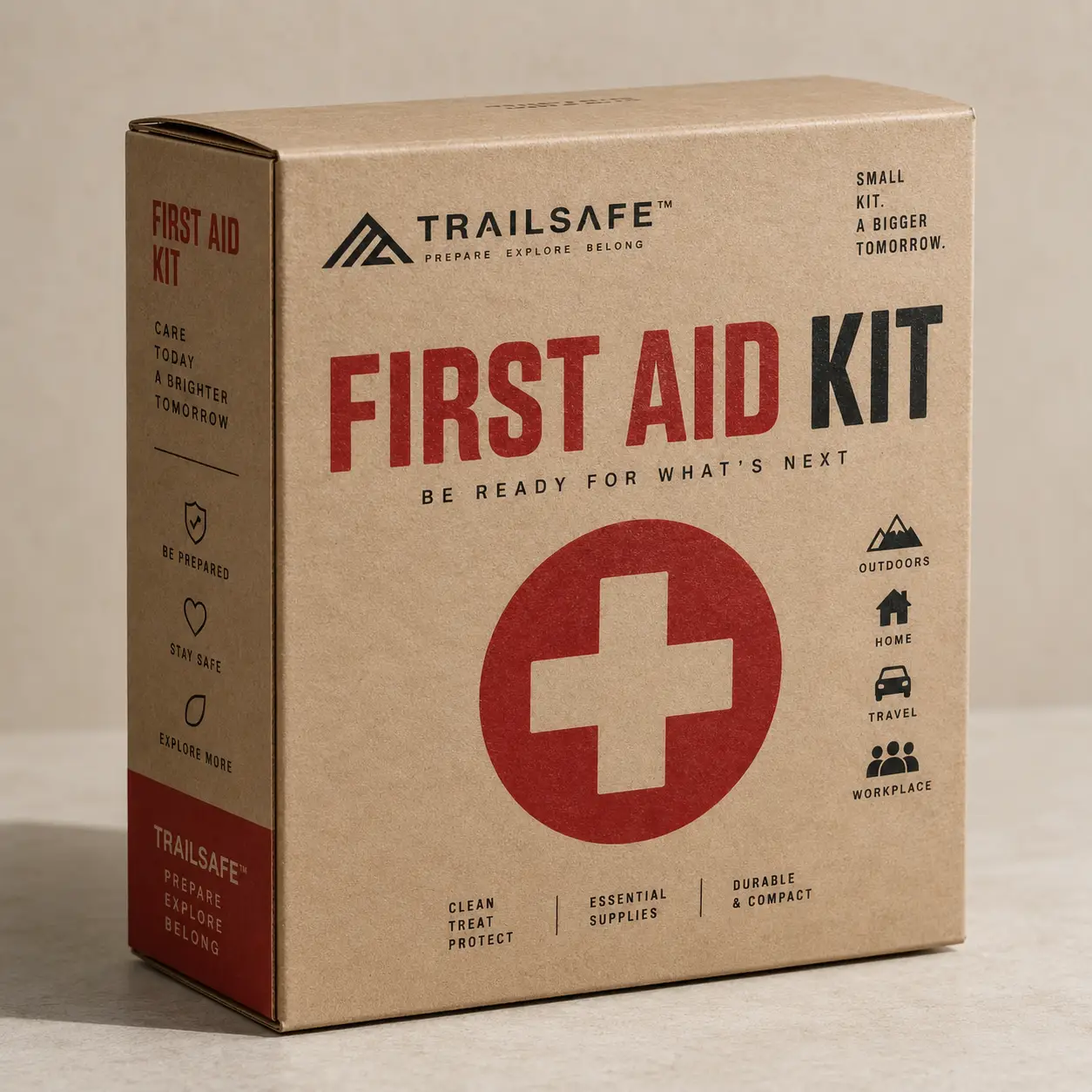 TrailSafe first aid kit packaging design in kraft brown cardboard with bold red cross logo and black typography