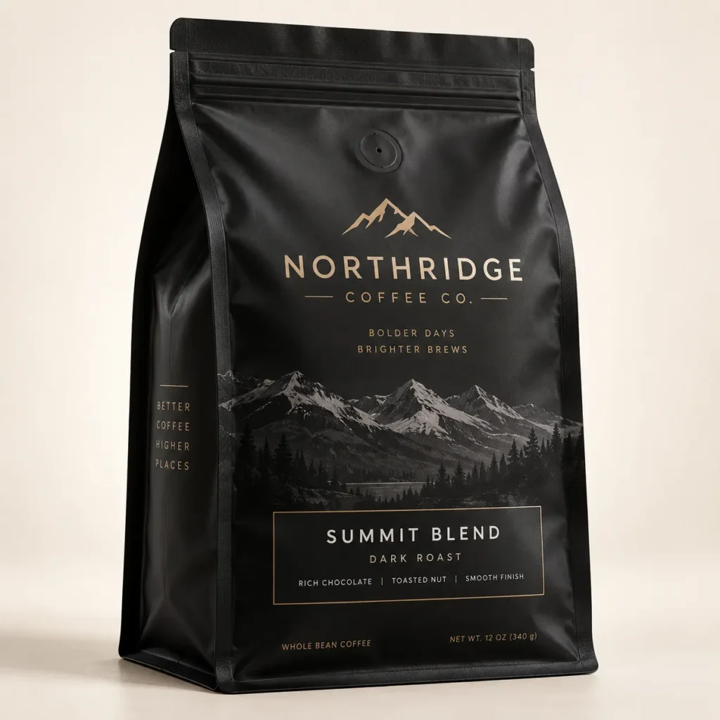 Black matte coffee bag packaging for Northridge Coffee Co. Summit Blend dark roast with gold mountain logo design