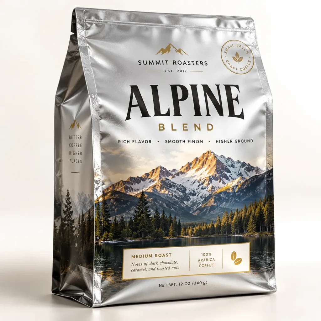 Silver coffee bag packaging for Summit Roasters Alpine Blend medium roast, 12oz, featuring snowy mountain landscape and gold typography