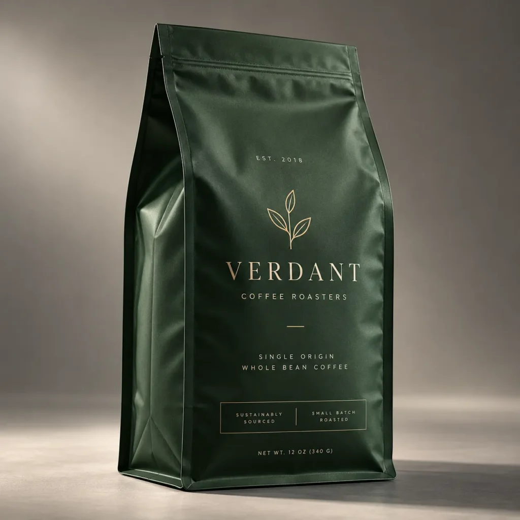 Dark green matte coffee bag packaging for Verdant Coffee Roasters, gold foil branding, single origin whole bean, premium product mockup