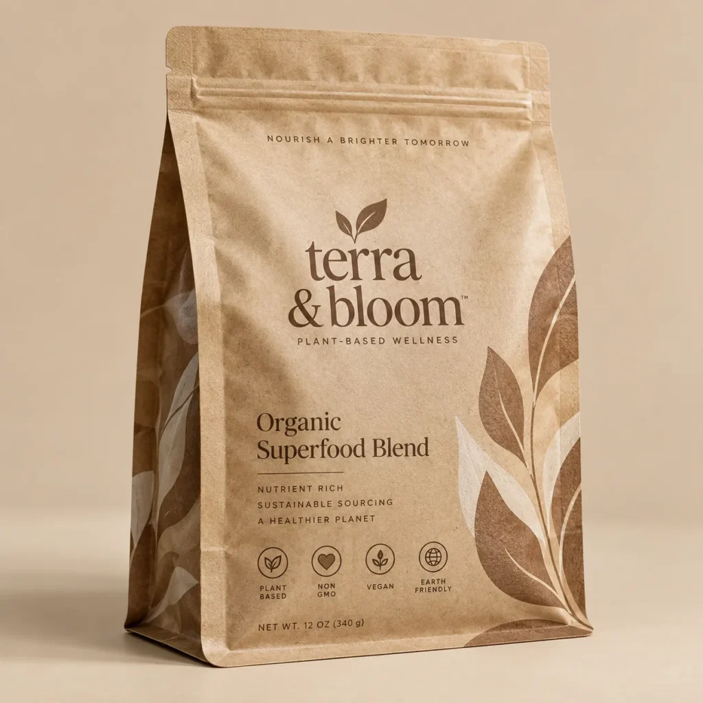 Terra & Bloom organic superfood blend kraft paper resealable pouch, plant-based wellness packaging, vegan non-GMO earth-friendly icons, 12oz