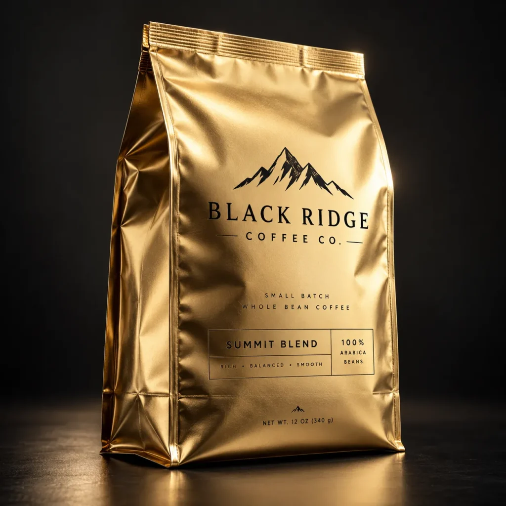 Gold metallic coffee bag packaging for Black Ridge Coffee Co. Summit Blend, 12oz whole bean, luxury product design on dark background