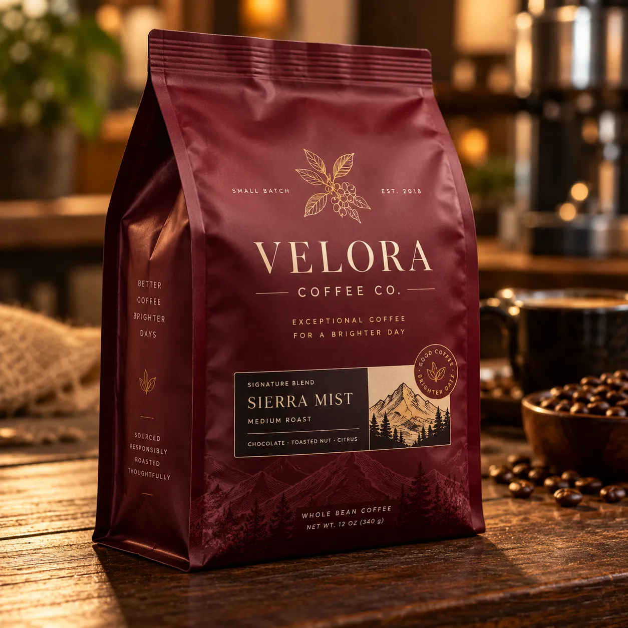 Velora Coffee Co Sierra Mist medium roast whole bean coffee bag in deep burgundy with gold lettering on rustic wood table
