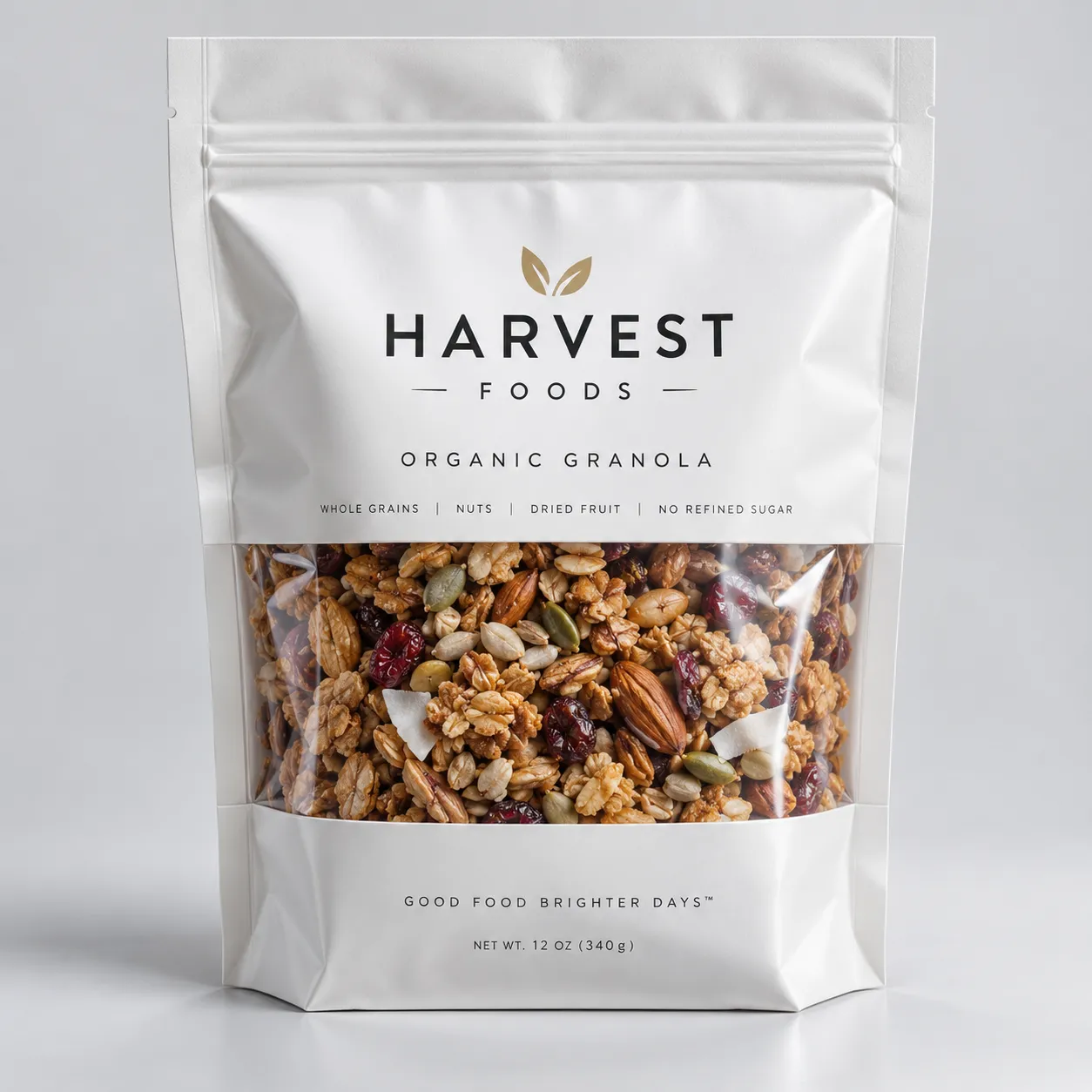 White resealable pouch of Harvest Foods Organic Granola with oats, almonds, cranberries, seeds visible through clear window, 12oz