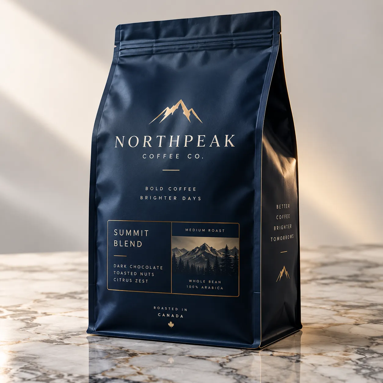 Navy blue premium coffee bag packaging for Northpeak Coffee Co. Summit Blend medium roast, gold typography, marble surface