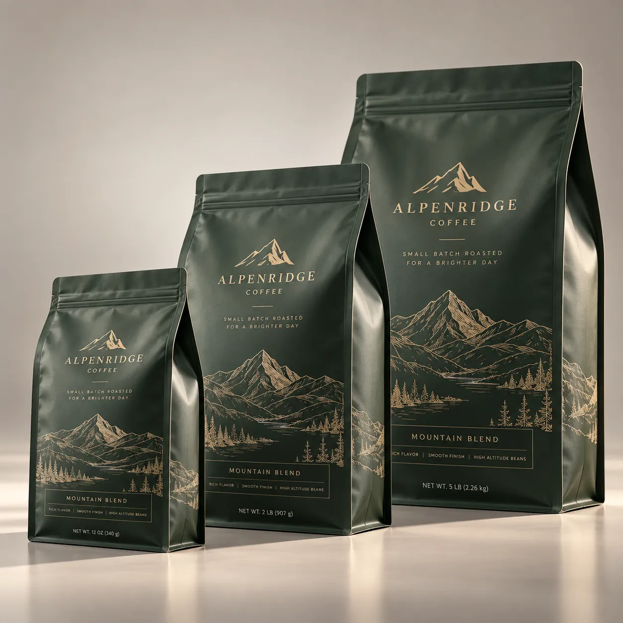 Three dark green matte coffee bags with gold Alpenridge Coffee Mountain Blend branding, sized 12oz, 2lb, 5lb, premium packaging design