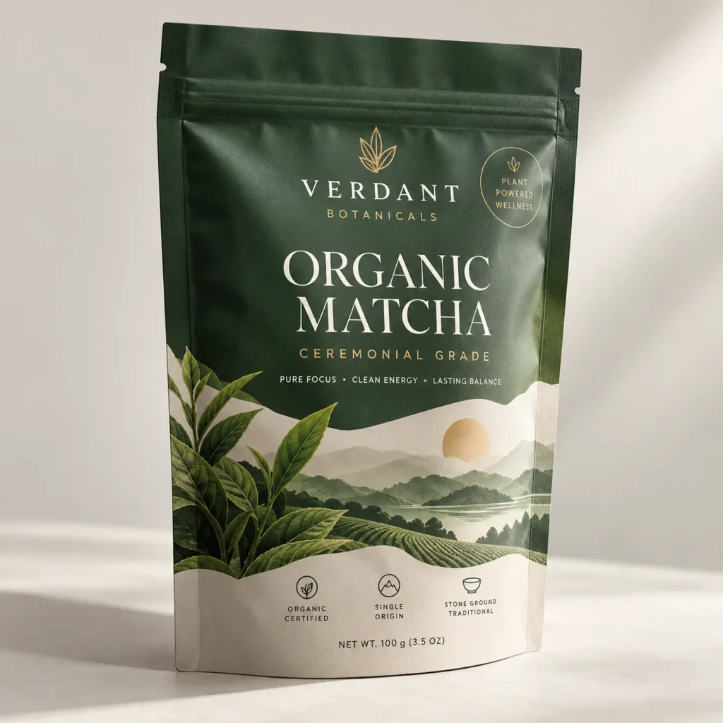Dark green resealable pouch of Verdant Botanicals Organic Matcha Ceremonial Grade, 100g, with tea leaves and mountain landscape design
