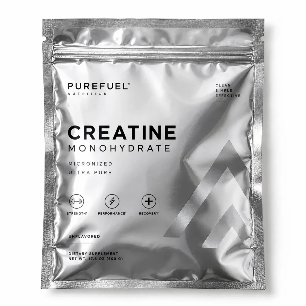 Silver mylar resealable pouch of PureFuel Nutrition Creatine Monohydrate 500g unflavored dietary supplement packaging design