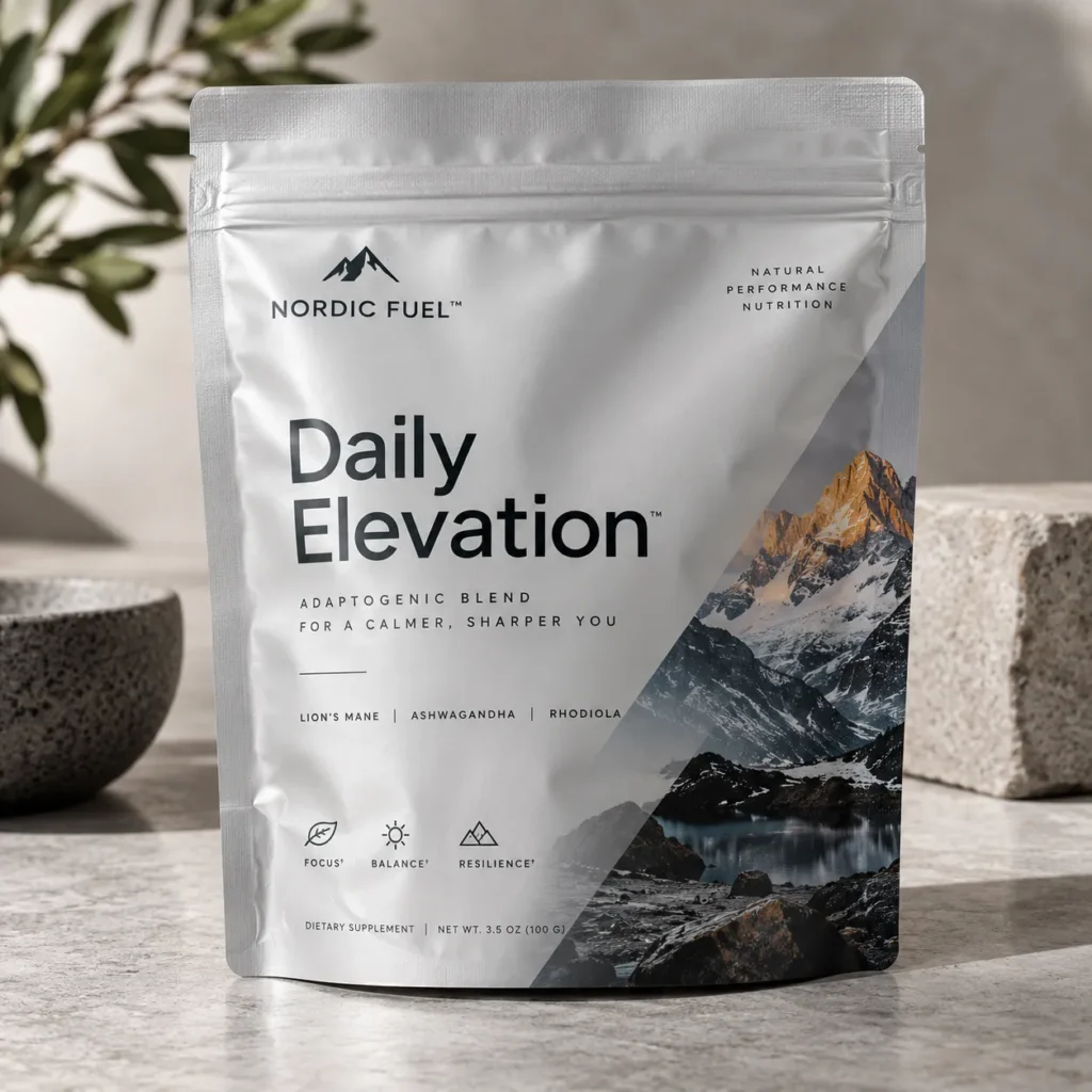 Nordic Fuel Daily Elevation adaptogenic supplement pouch in silver, featuring Lion's Mane, Ashwagandha, Rhodiola, mountain landscape design