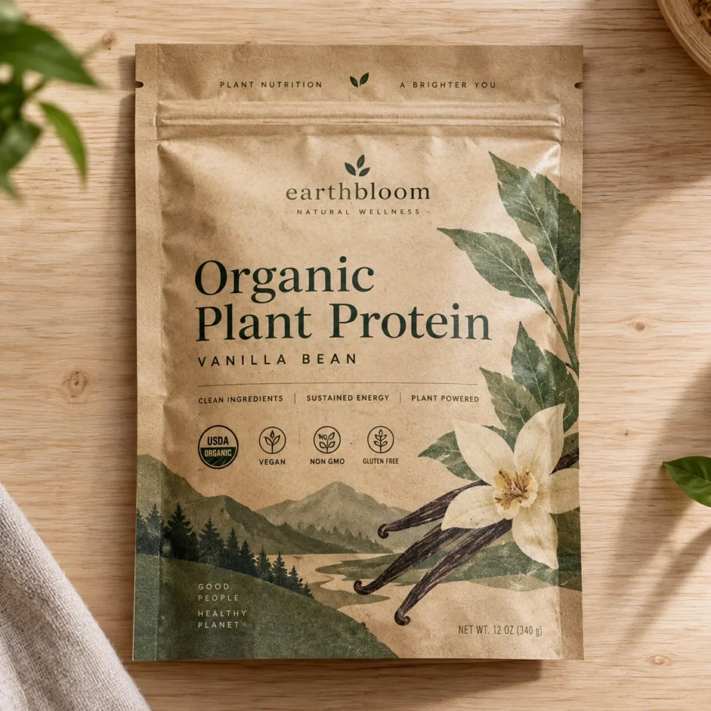 Earthbloom organic plant protein vanilla bean kraft pouch with botanical illustration, USDA organic, vegan, gluten-free packaging design