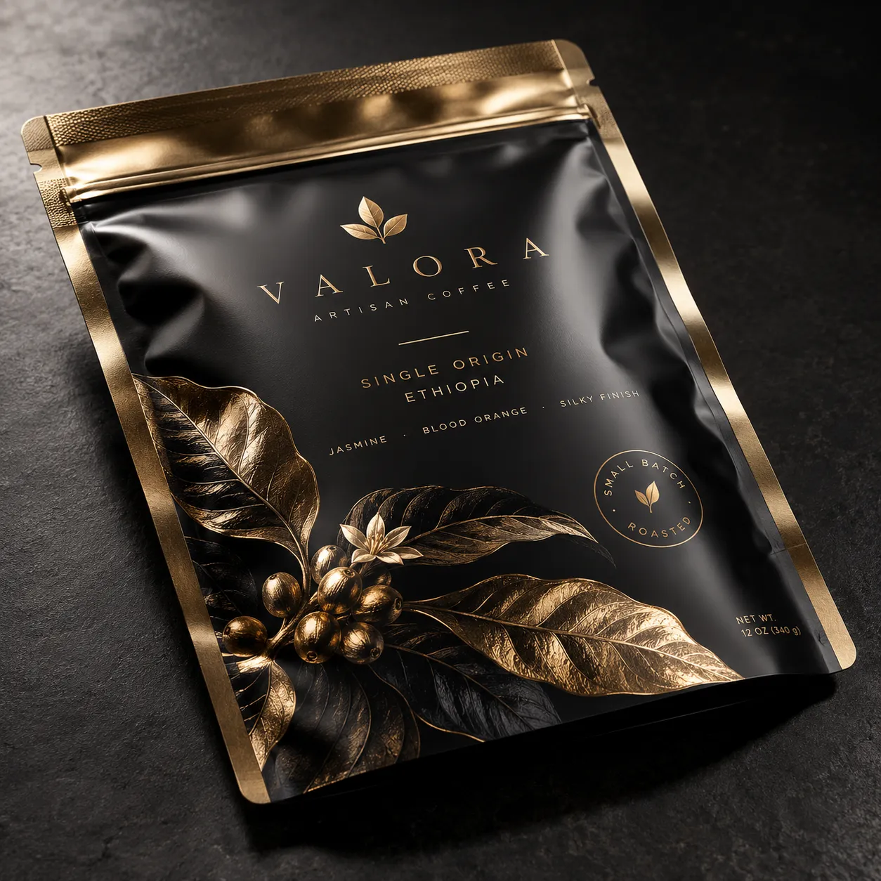 Valora Artisan Coffee luxury black matte bag with gold coffee branch, Single Origin Ethiopia, small batch roasted packaging design