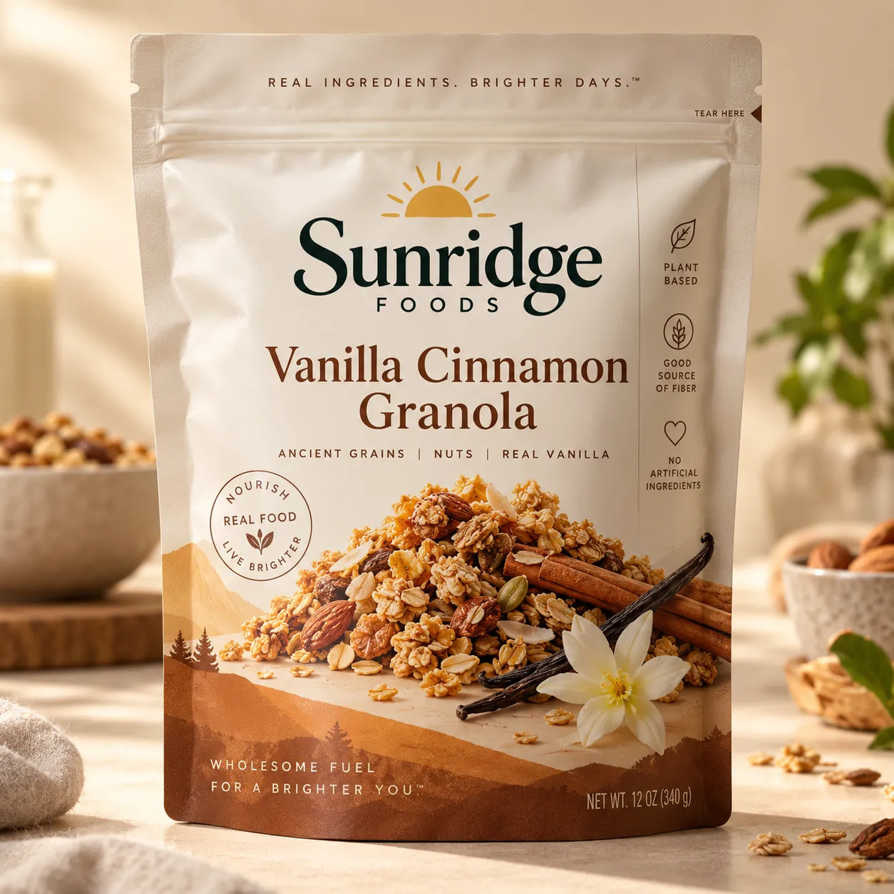 Sunridge Foods Vanilla Cinnamon Granola 12oz beige resealable pouch with cinnamon sticks, vanilla flower, nuts, plant-based label