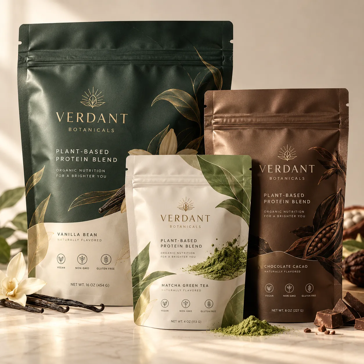 Verdant Botanicals plant-based protein blend pouches in vanilla bean, matcha green tea, and chocolate cacao flavors, vegan packaging design