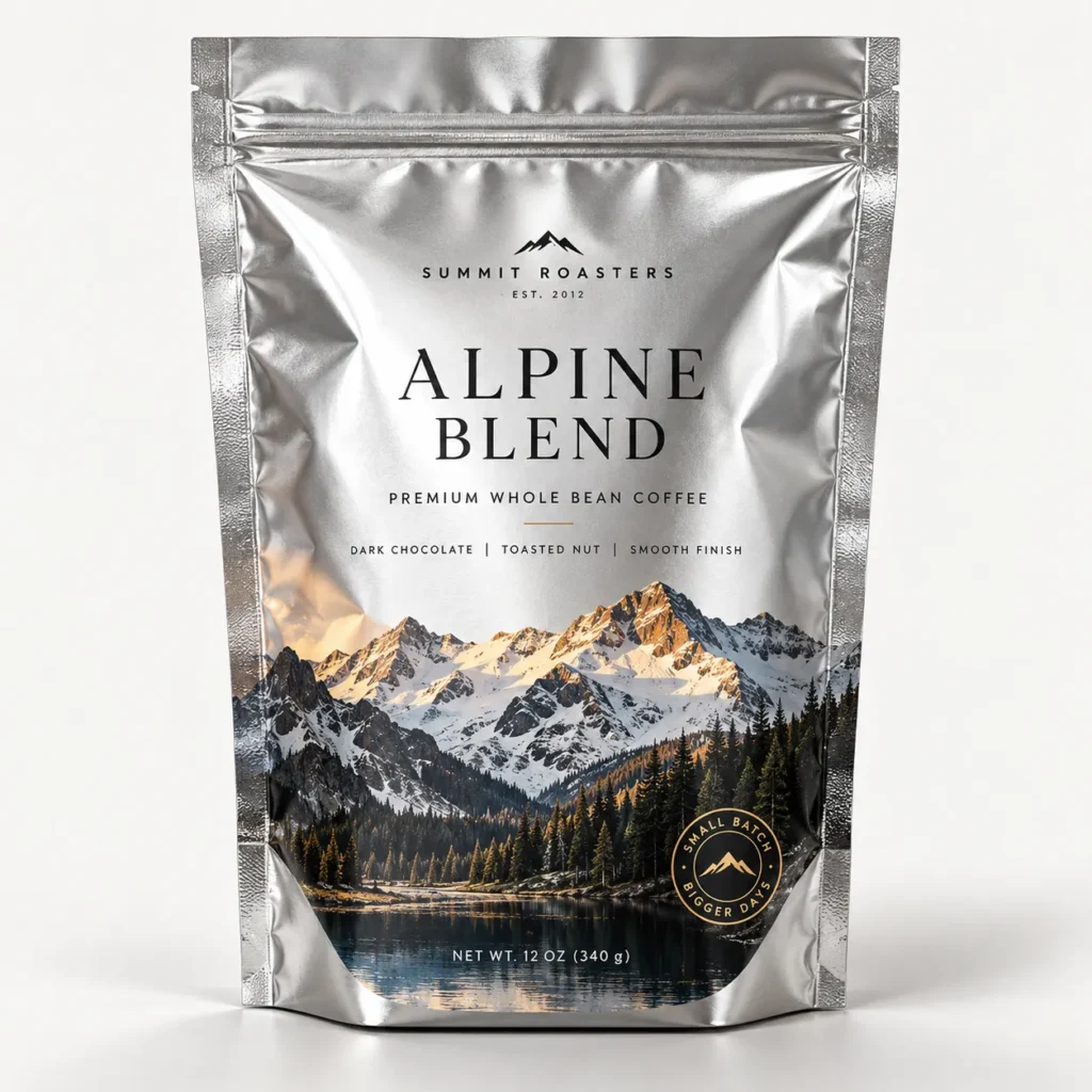 Silver mylar coffee bag packaging design for Summit Roasters Alpine Blend whole bean coffee with mountain landscape print
