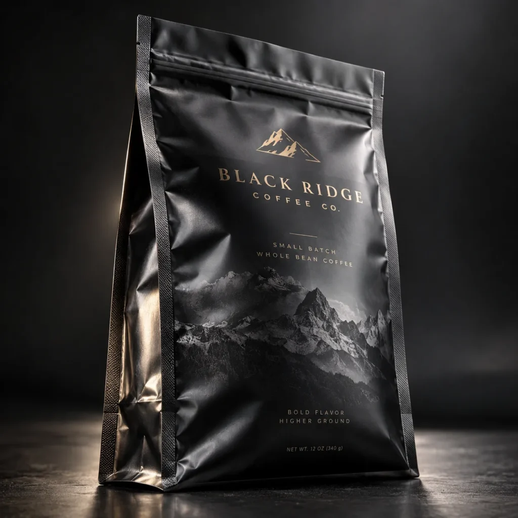 Black Ridge Coffee Co. matte black premium whole bean coffee bag with gold mountain logo, dramatic dark studio lighting, 12oz packaging design