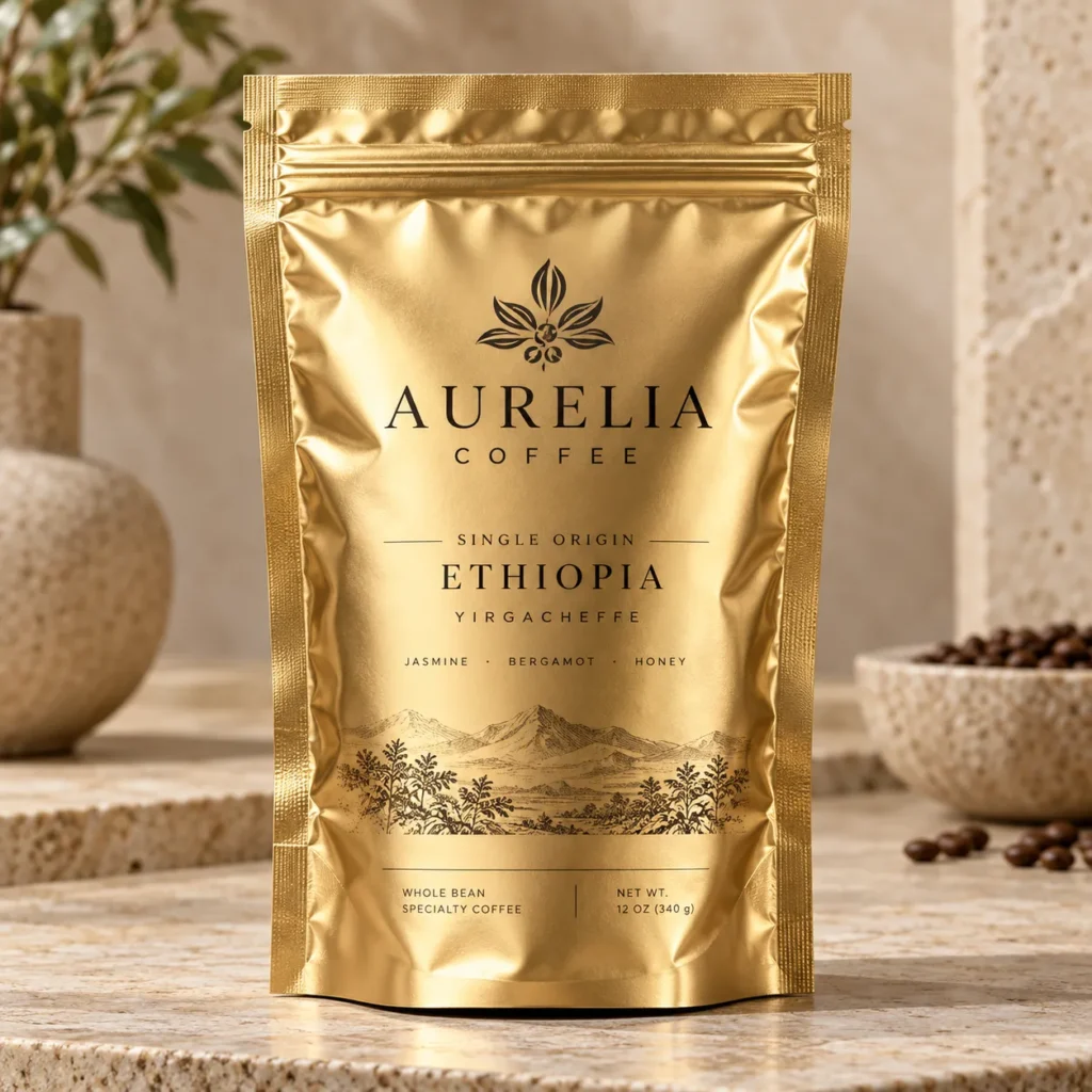 Gold metallic coffee bag Aurelia Coffee Ethiopia Yirgacheffe single origin whole bean specialty coffee packaging design 12oz