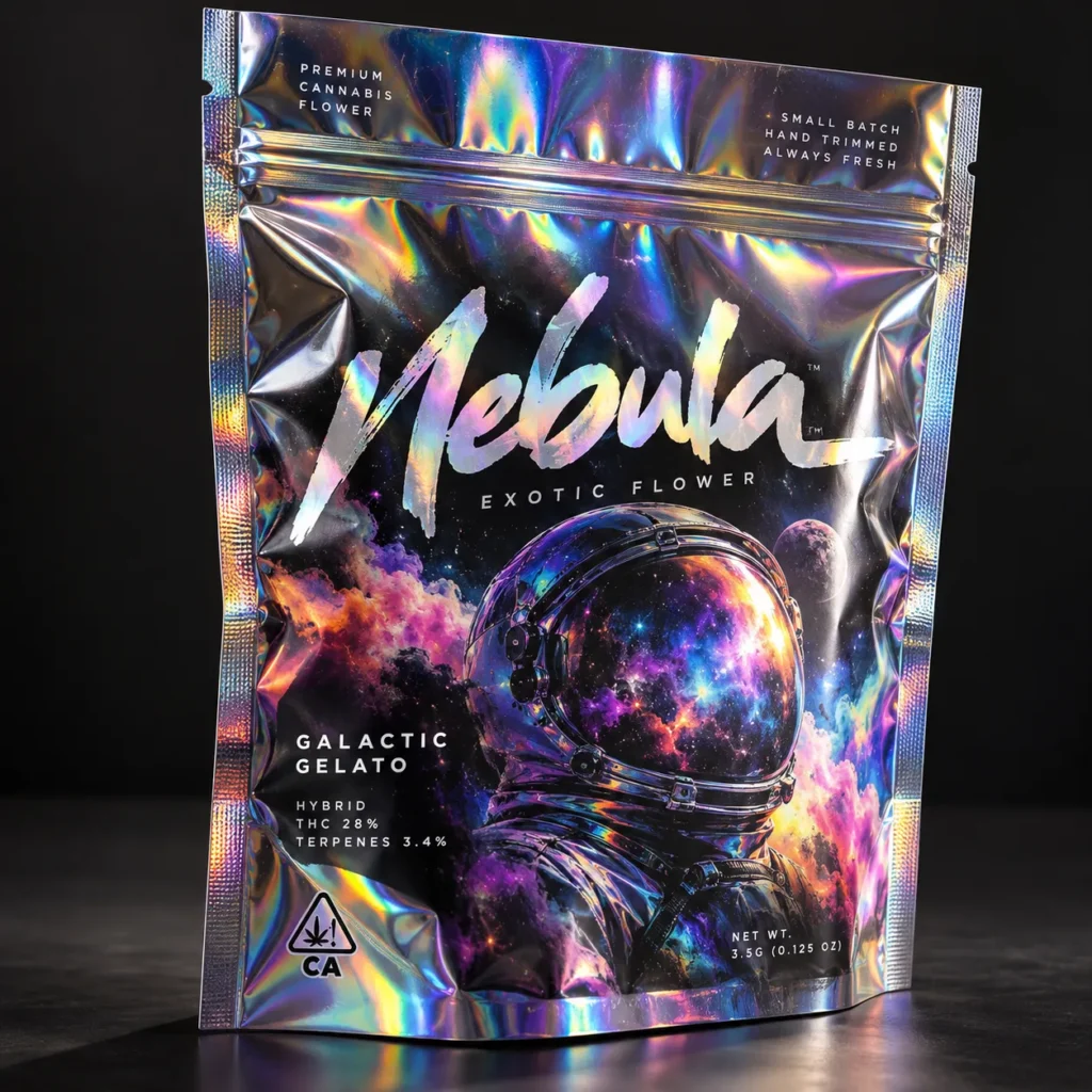 Holographic cannabis mylar bag Nebula Exotic Flower Galactic Gelato 3.5g, space astronaut design, iridescent packaging, 28% THC hybrid
