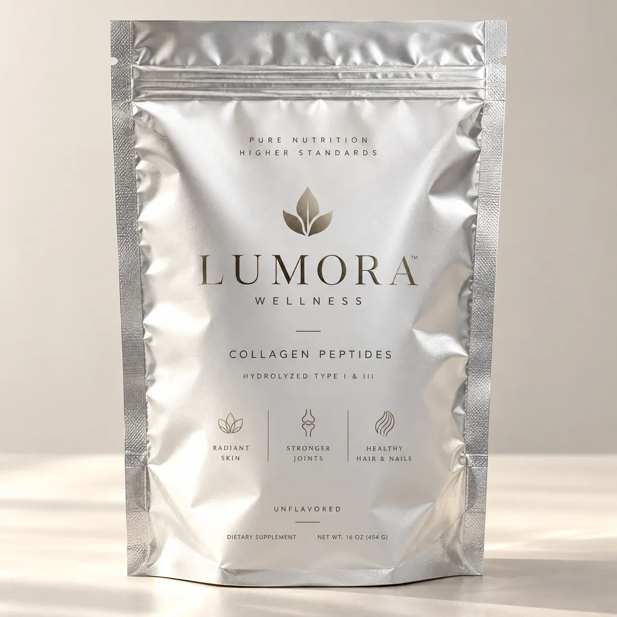 Silver mylar pouch of Lumora Wellness Collagen Peptides powder, hydrolyzed Type I & III, unflavored, 16oz dietary supplement packaging design