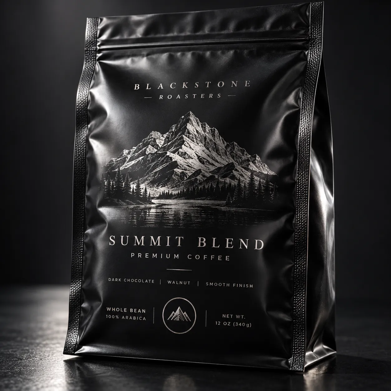 Blackstone Roasters Summit Blend premium coffee bag, matte black packaging, mountain lake illustration, 12oz whole bean Arabica