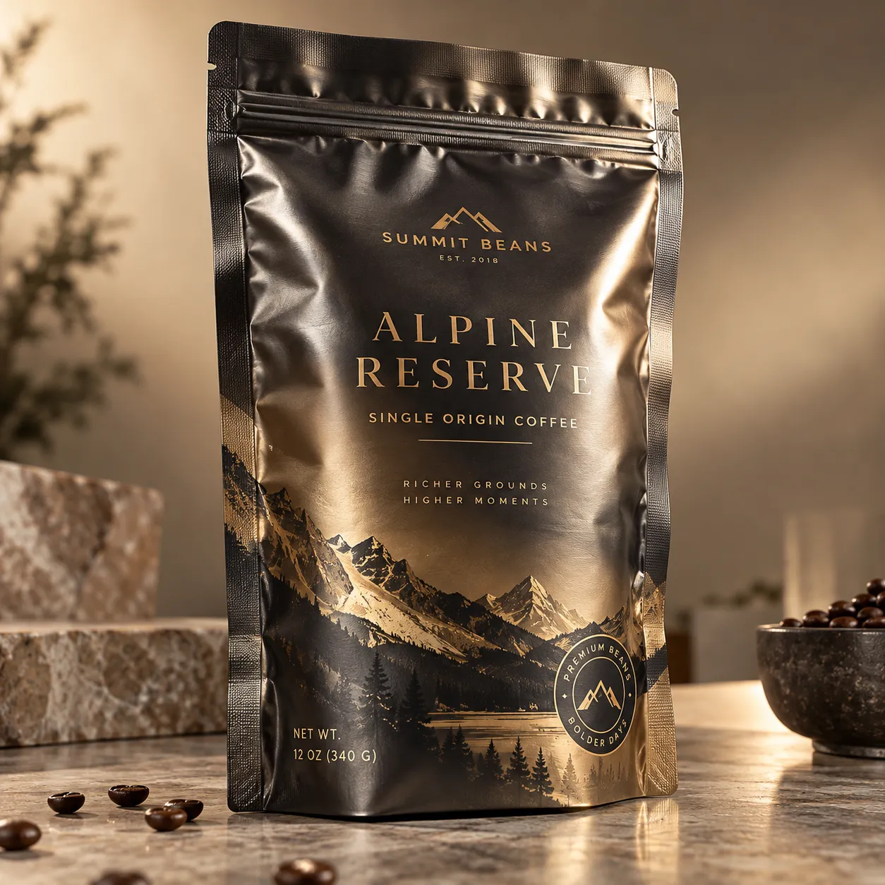 Premium black gold coffee bag packaging design for Summit Beans Alpine Reserve single origin coffee, 12oz luxury stand-up pouch with mountain lands...