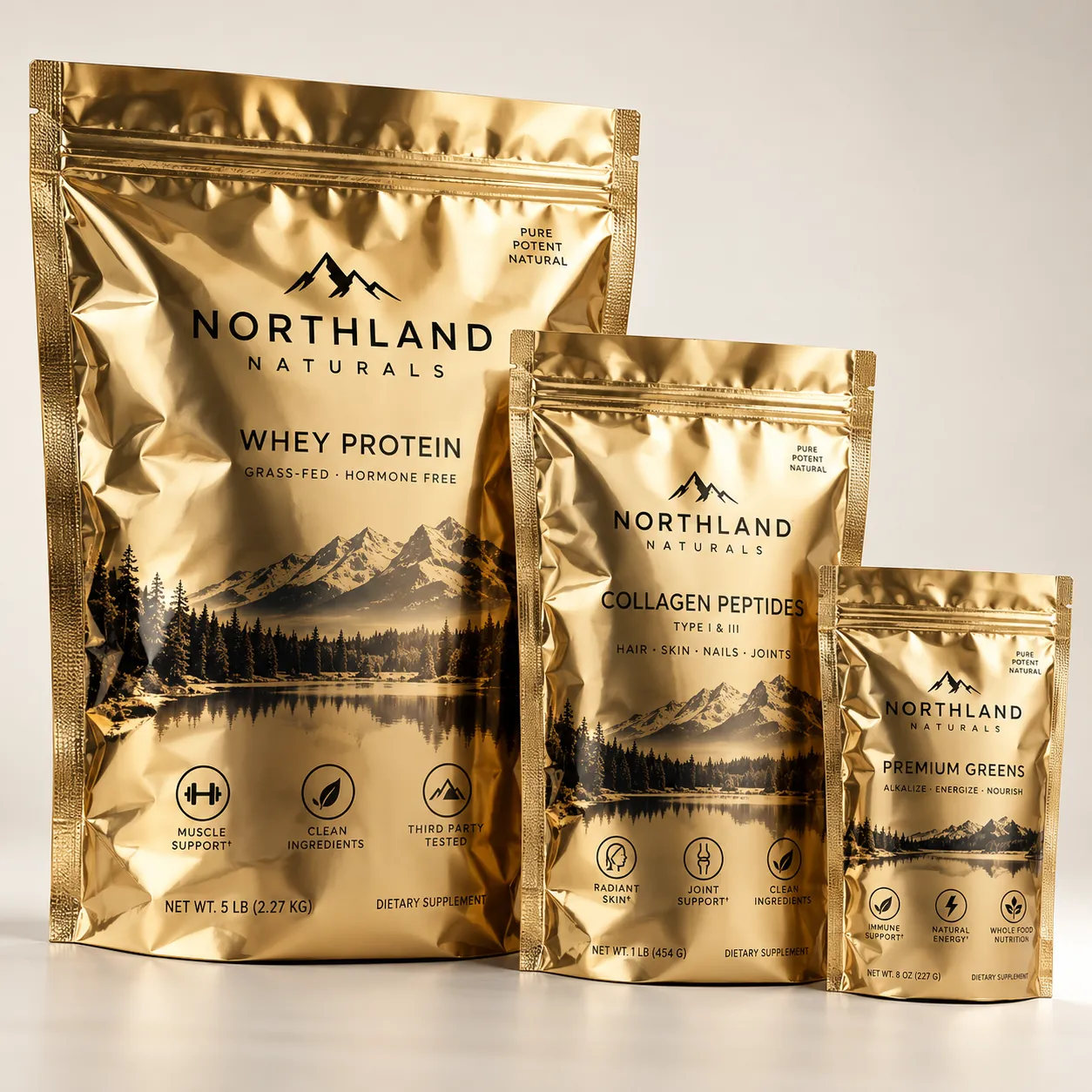 Three gold metallic Northland Naturals supplement pouches: Whey Protein 5lb, Collagen Peptides 1lb, Premium Greens 8oz