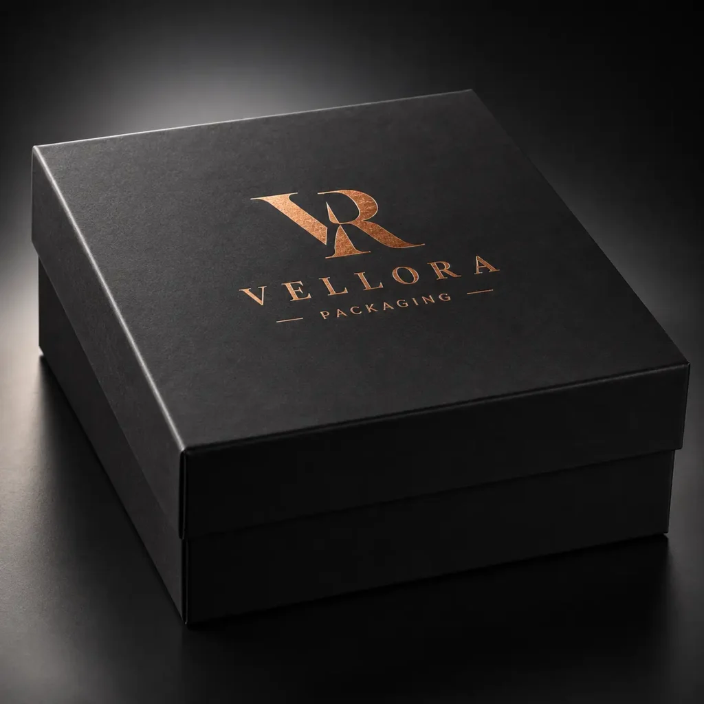 Luxury black rigid gift box with rose gold foil Vellora Packaging logo on dark background, premium custom packaging design