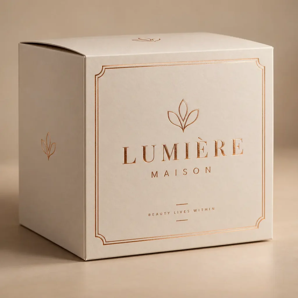 Luxury cream white rigid box with rose gold foil Lumière Maison branding and floral logo, premium cosmetic packaging design