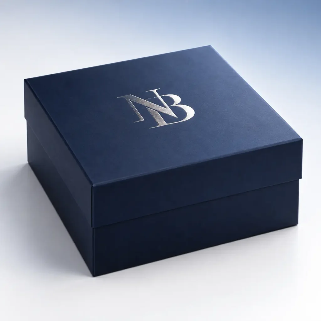 Navy blue luxury gift box with silver NB monogram foil stamp, premium rigid packaging for high-end brand unboxing experience