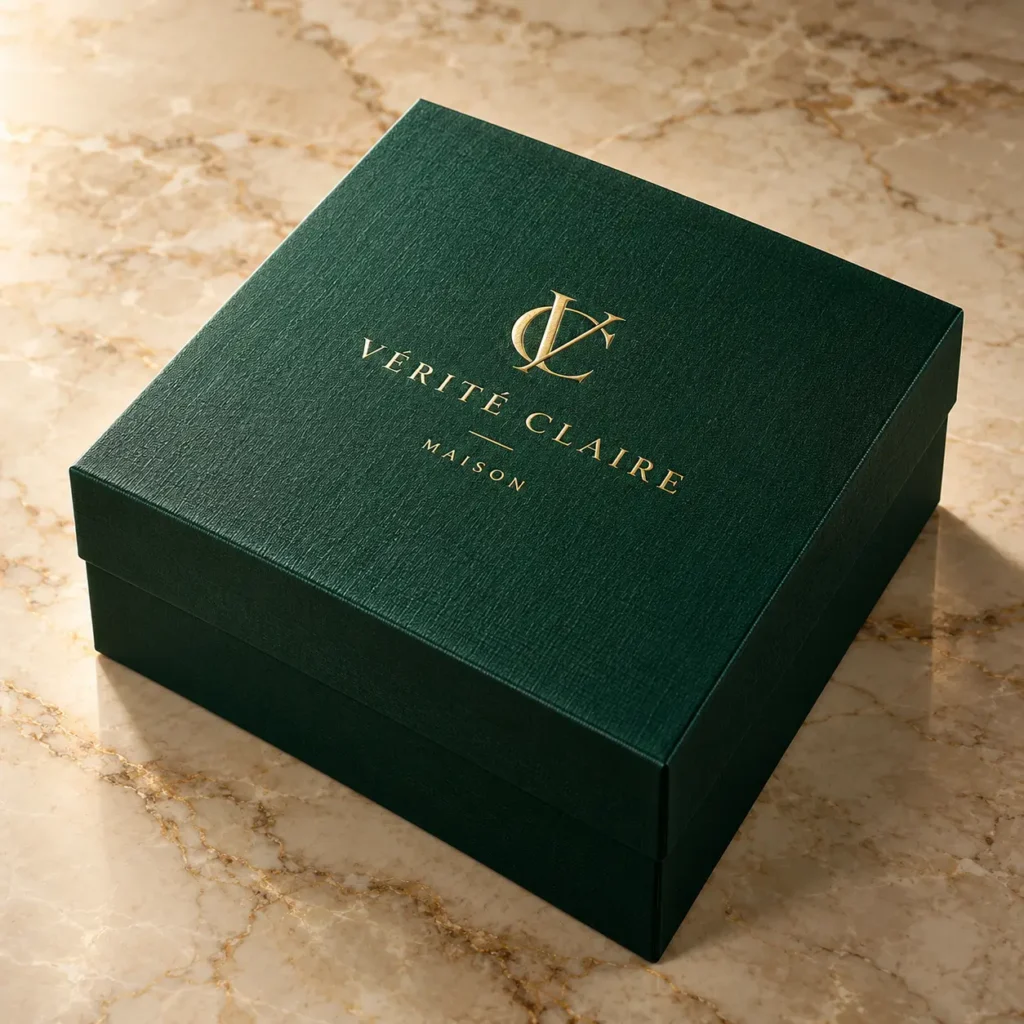 Luxury dark green rigid gift box with gold foil Vérité Claire Maison logo on marble surface, premium custom packaging
