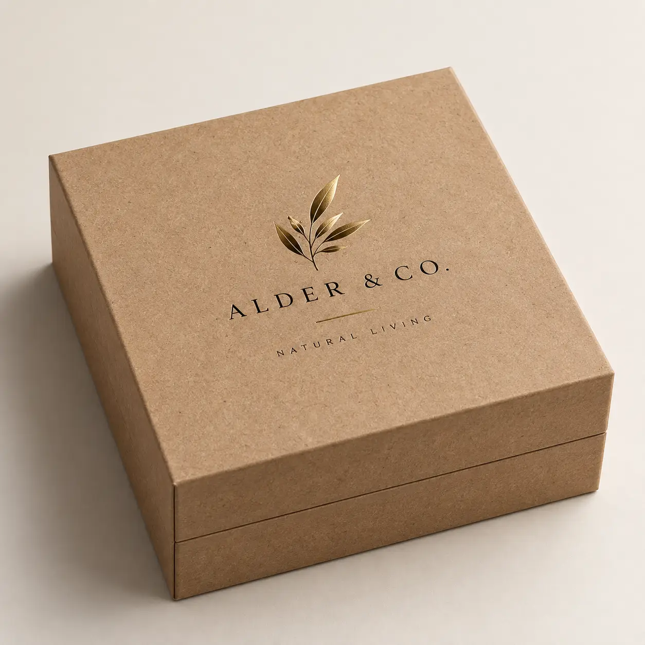 Kraft brown luxury gift box with gold foil leaf logo, Alder & Co Natural Living elegant eco-friendly packaging design