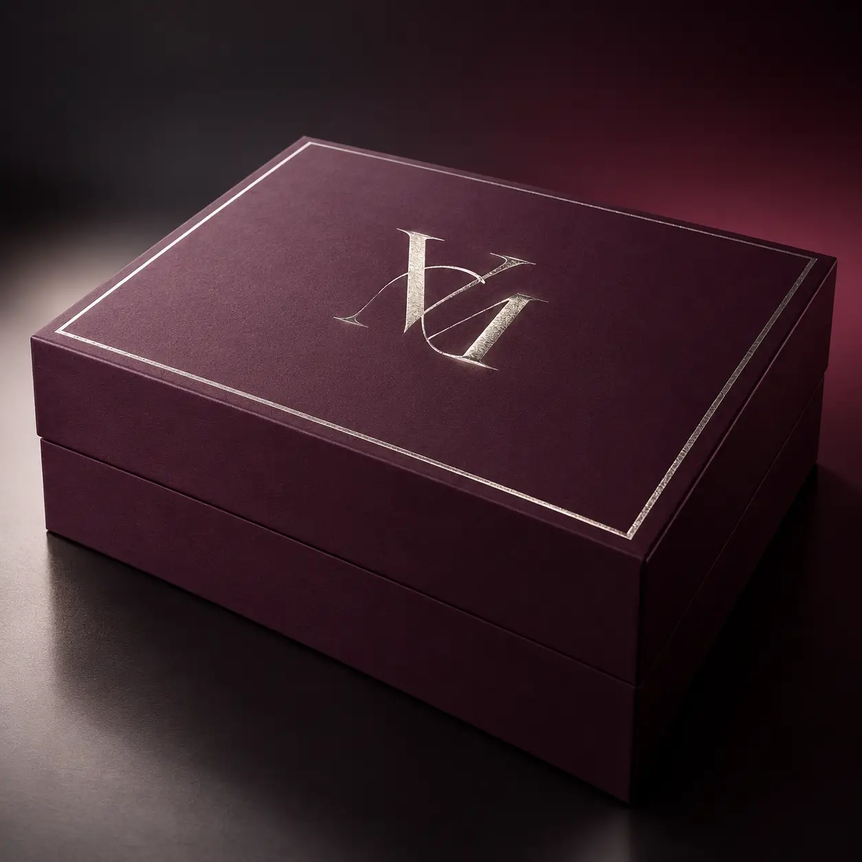 Luxury burgundy rigid gift box with silver foil monogram MA, premium packaging design by The Packaging Masters
